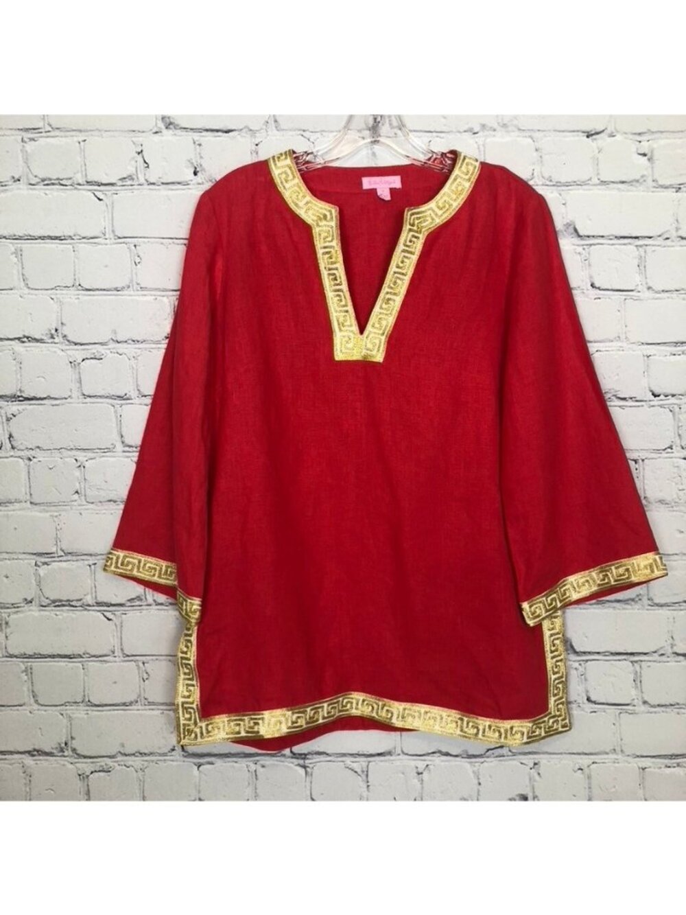 Lilly Pulitzer Bellini Tunic Size S 100% Linen Red Gold Embroidered Trim